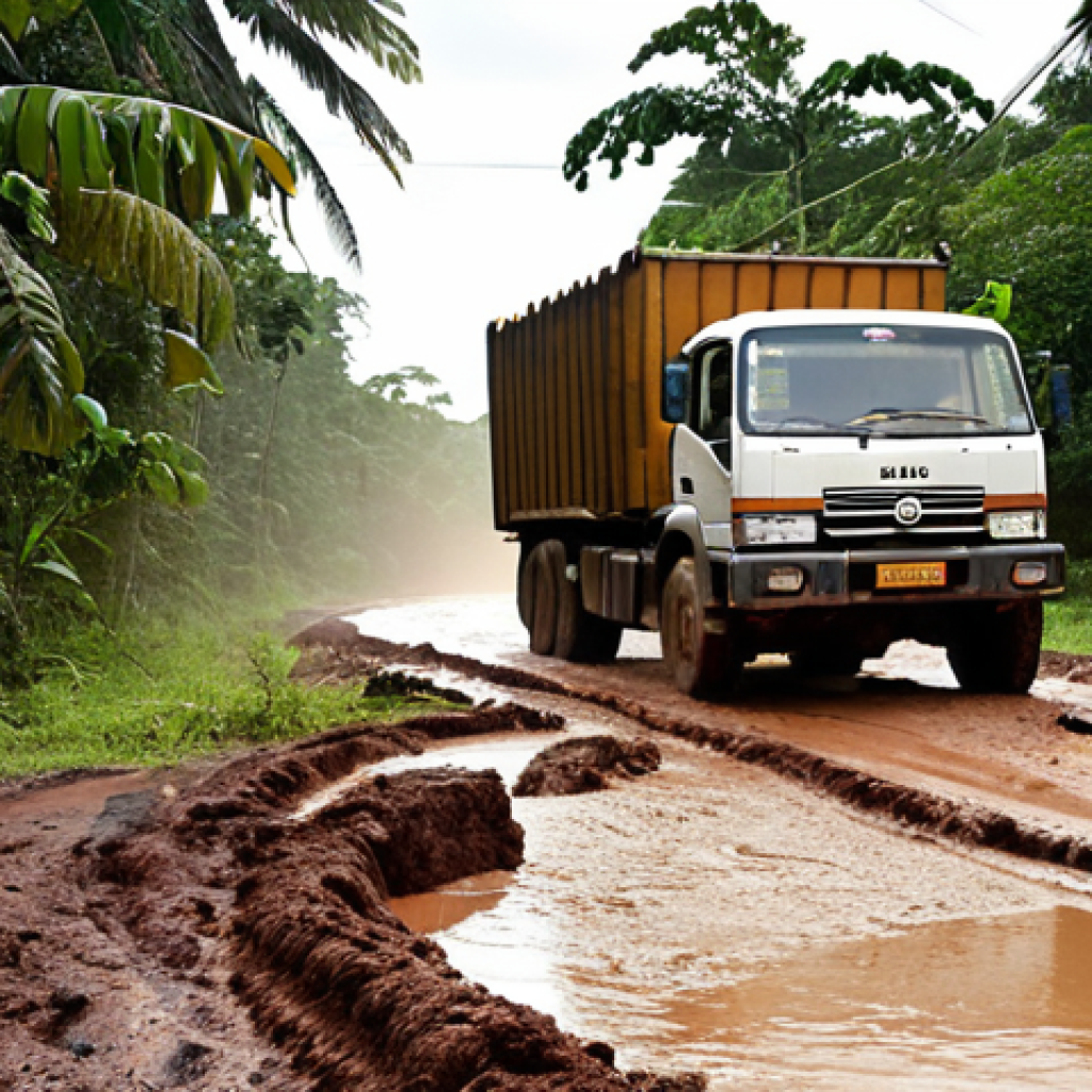 **Image Prompt:** A muddy, pothole-filled road in the Guyanese jungle. A large truck is stuck, wheels spinning, surrounded by dense foliage. The sun beats down, creating a hazy atmosphere. This illustrates infrastructure challenges hindering trade between Guyana and Brazil. Focus on the realism and struggle of logistics.
