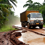 **Image Prompt:** A muddy, pothole-filled road in the Guyanese jungle. A large truck is stuck, wheels spinning, surrounded by dense foliage. The sun beats down, creating a hazy atmosphere. This illustrates infrastructure challenges hindering trade between Guyana and Brazil. Focus on the realism and struggle of logistics.