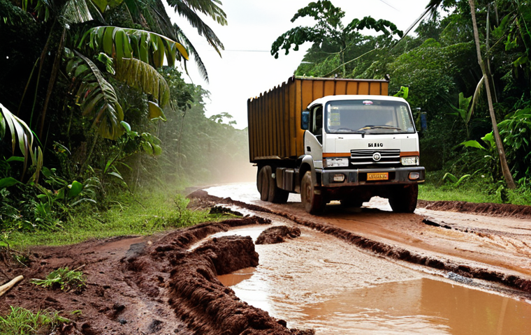 **Image Prompt:** A muddy, pothole-filled road in the Guyanese jungle. A large truck is stuck, wheels spinning, surrounded by dense foliage. The sun beats down, creating a hazy atmosphere. This illustrates infrastructure challenges hindering trade between Guyana and Brazil. Focus on the realism and struggle of logistics.