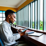 A well-prepared professional traveler, wearing modest, light-colored travel attire, sits at a contemporary desk in a bright hotel lobby in Georgetown, Guyana. They are meticulously reviewing travel documents and a digital tablet, with a local guidebook beside them. Through a large window, a lush tropical landscape with palm trees and a hint of colonial architecture is visible. The scene emphasizes organization and readiness for adventure. safe for work, appropriate content, fully clothed, professional, perfect anatomy, correct proportions, natural pose, well-formed hands, proper finger count, natural body proportions, high-quality professional photography.