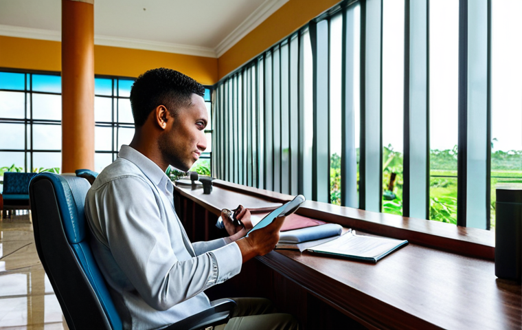 A well-prepared professional traveler, wearing modest, light-colored travel attire, sits at a contemporary desk in a bright hotel lobby in Georgetown, Guyana. They are meticulously reviewing travel documents and a digital tablet, with a local guidebook beside them. Through a large window, a lush tropical landscape with palm trees and a hint of colonial architecture is visible. The scene emphasizes organization and readiness for adventure. safe for work, appropriate content, fully clothed, professional, perfect anatomy, correct proportions, natural pose, well-formed hands, proper finger count, natural body proportions, high-quality professional photography.