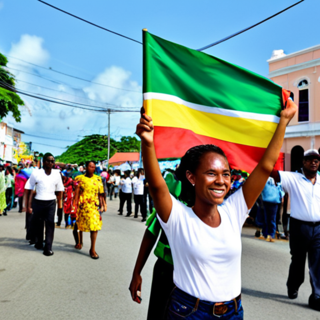 Hopeful Independence Day**

"A vibrant scene depicting Guyana's Independence Day celebration. People of diverse ethnicities are joyfully celebrating in the streets, waving the Guyanese flag. Modest, colorful clothing is worn by all. In the background, historical landmarks blend with modern buildings. The atmosphere is festive and optimistic. Safe for work, appropriate content, fully clothed, family-friendly, professional photography, perfect anatomy, correct proportions, natural pose, well-formed hands, proper finger count, natural body proportions."

**