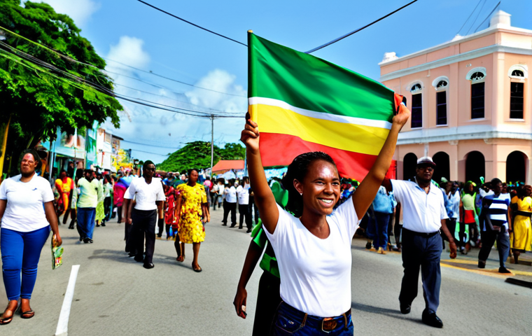 Hopeful Independence Day**

"A vibrant scene depicting Guyana's Independence Day celebration. People of diverse ethnicities are joyfully celebrating in the streets, waving the Guyanese flag. Modest, colorful clothing is worn by all. In the background, historical landmarks blend with modern buildings. The atmosphere is festive and optimistic. Safe for work, appropriate content, fully clothed, family-friendly, professional photography, perfect anatomy, correct proportions, natural pose, well-formed hands, proper finger count, natural body proportions."

**
