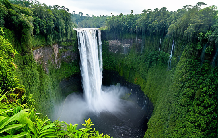 Majestic Kaieteur Falls**
"A breathtaking panoramic view of Kaieteur Falls, cascading powerfully amidst lush green rainforest, mist rising, fully clothed tourists observing from a safe viewing platform, safe for work, appropriate content, perfect anatomy (people), correct proportions, professional landscape photography, high quality, clear details, bright daylight, German travel magazine style, no visible trash or pollution, showcasing natural beauty, family-friendly, appropriate attire."
**