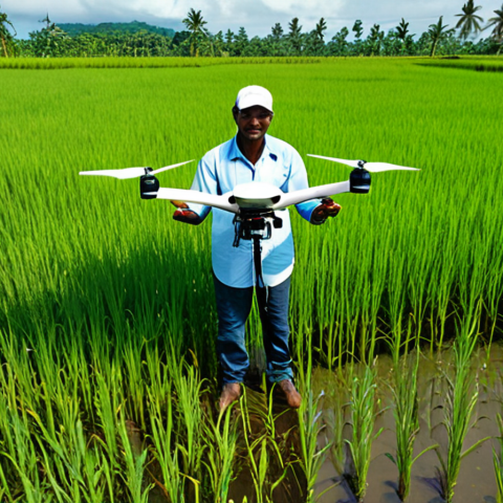 Rice Farming Innovation**
A Guyanese rice farmer, fully clothed in work attire, operating a drone over a lush green rice paddy field. The field is flooded, reflecting the sky. In the background, a modern rice mill can be seen. Perfect anatomy, correct proportions, well-formed hands. Safe for work, appropriate content, family-friendly. Professional photography, high quality.
**