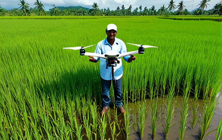 Rice Farming Innovation**
A Guyanese rice farmer, fully clothed in work attire, operating a drone over a lush green rice paddy field. The field is flooded, reflecting the sky. In the background, a modern rice mill can be seen. Perfect anatomy, correct proportions, well-formed hands. Safe for work, appropriate content, family-friendly. Professional photography, high quality.
**