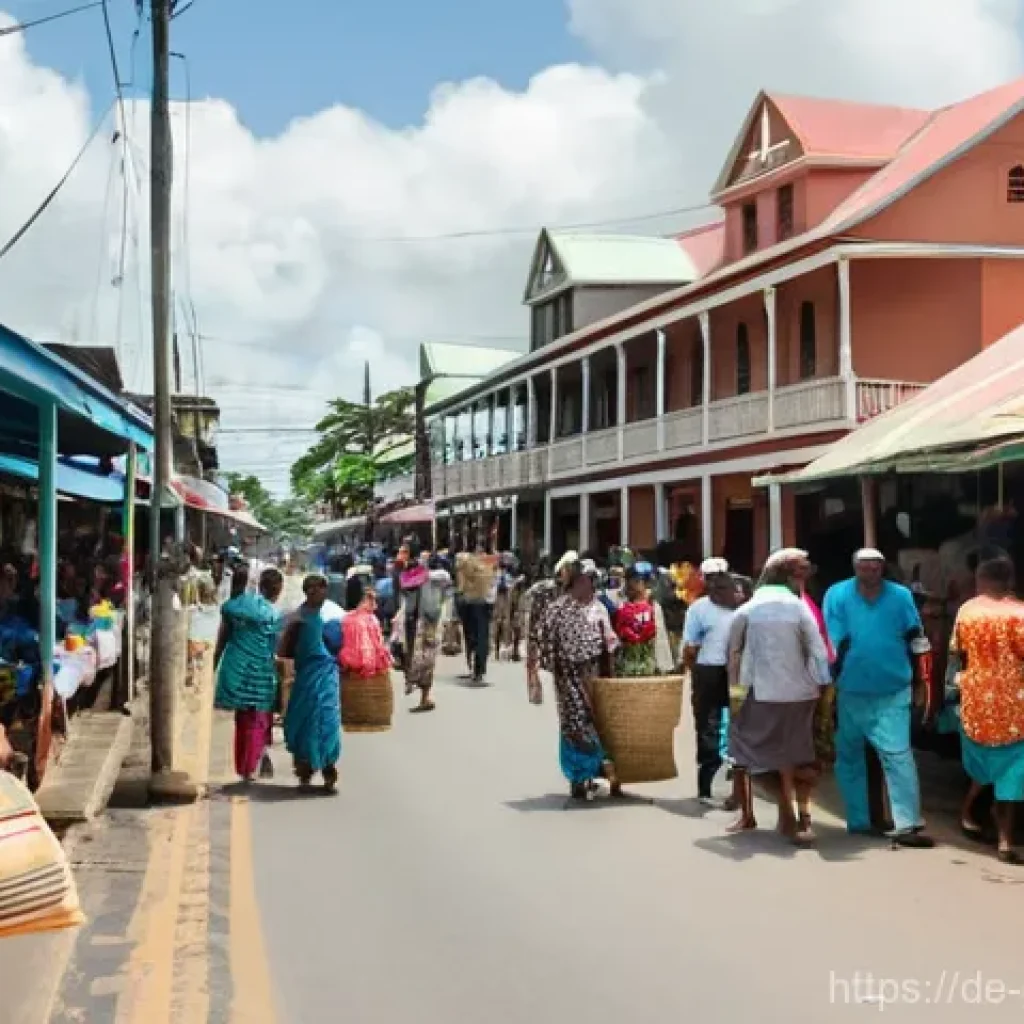 가이아나에서 피해야 할 장소 - **Prompt:** A bustling street scene in Georgetown, Guyana, near the historic Stabroek Market. Coloni...