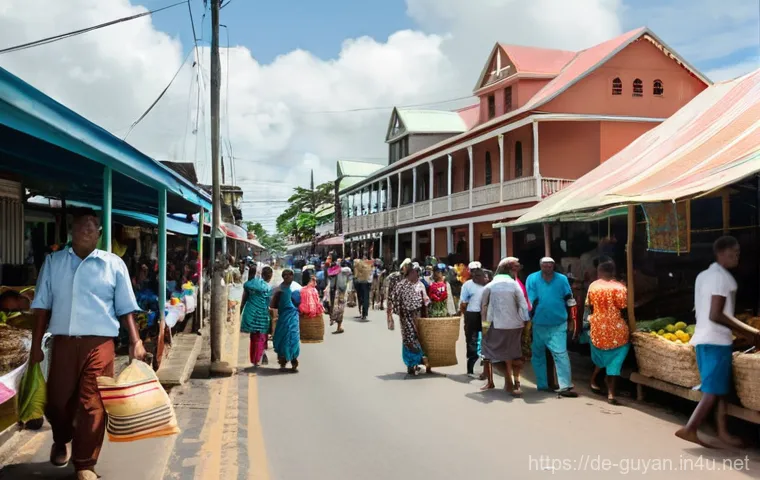 가이아나에서 피해야 할 장소 - **Prompt:** A bustling street scene in Georgetown, Guyana, near the historic Stabroek Market. Coloni...