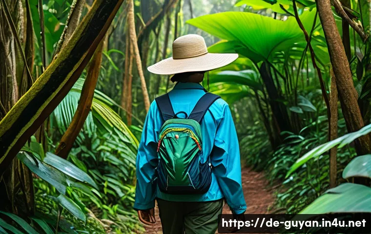 가이아나 배낭여행 꿀팁 - A vibrant scene of a tropical rainforest in Guyana during the dry season, showcasing a dense canopy ...