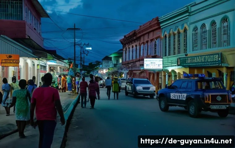 가이아나 치안 상황 - A bustling urban street scene in Georgetown, Guyana, at dusk with a diverse group of people walking ...