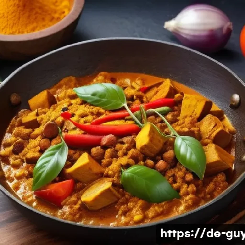 가이아나 커리 요리 - A vibrant kitchen scene showing a chef preparing a traditional Guyanese curry, surrounded by fresh s...