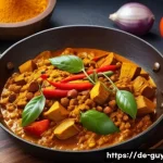 가이아나 커리 요리 - A vibrant kitchen scene showing a chef preparing a traditional Guyanese curry, surrounded by fresh s...