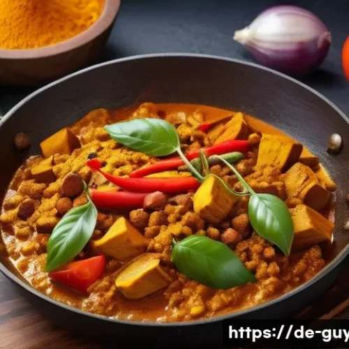 가이아나 커리 요리 - A vibrant kitchen scene showing a chef preparing a traditional Guyanese curry, surrounded by fresh s...