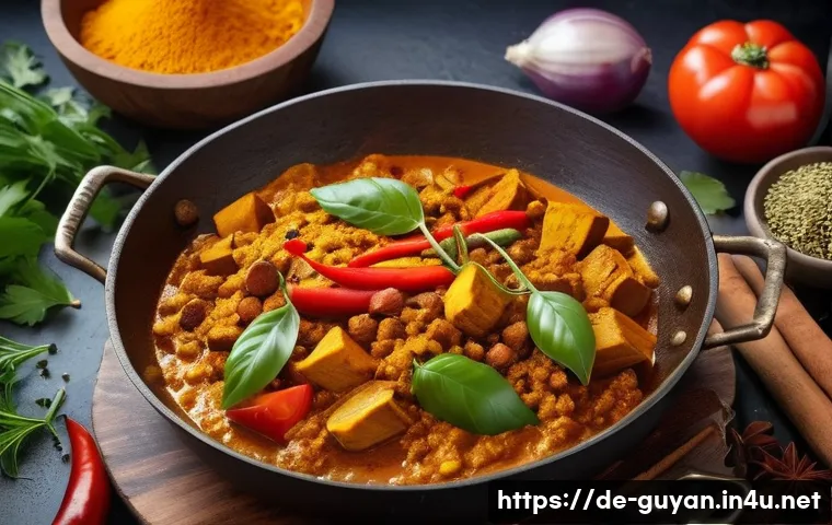 가이아나 커리 요리 - A vibrant kitchen scene showing a chef preparing a traditional Guyanese curry, surrounded by fresh s...