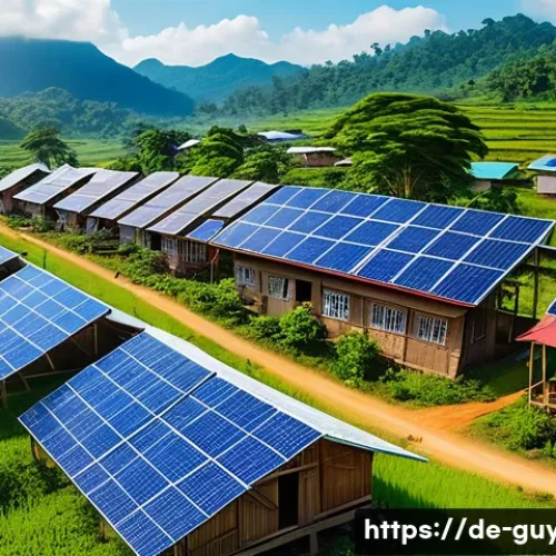 가이아나 전력 사정 - A detailed scene of a rural Guyanese village during daytime, featuring traditional wooden houses wit...