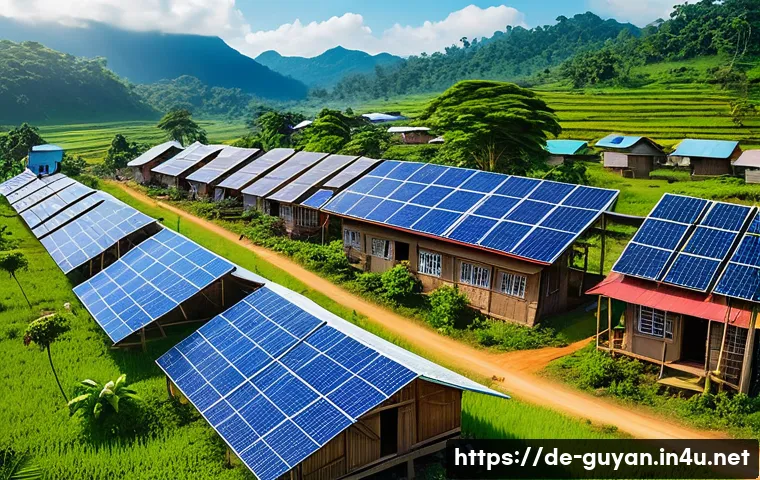 가이아나 전력 사정 - A detailed scene of a rural Guyanese village during daytime, featuring traditional wooden houses wit...