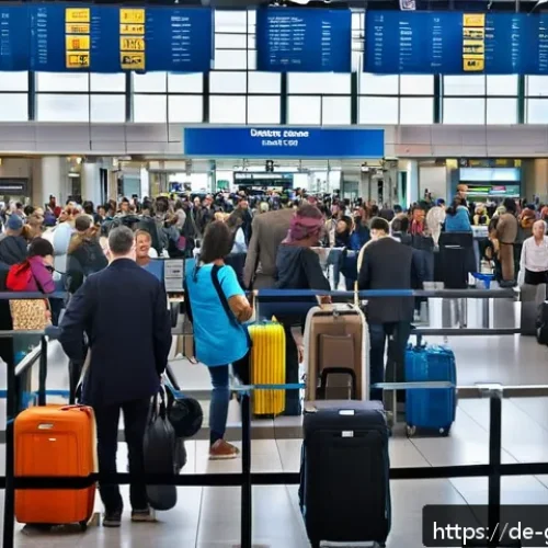 가이아나 가는 방법 - A bustling international airport terminal in a major European city like Frankfurt or Amsterdam, show...