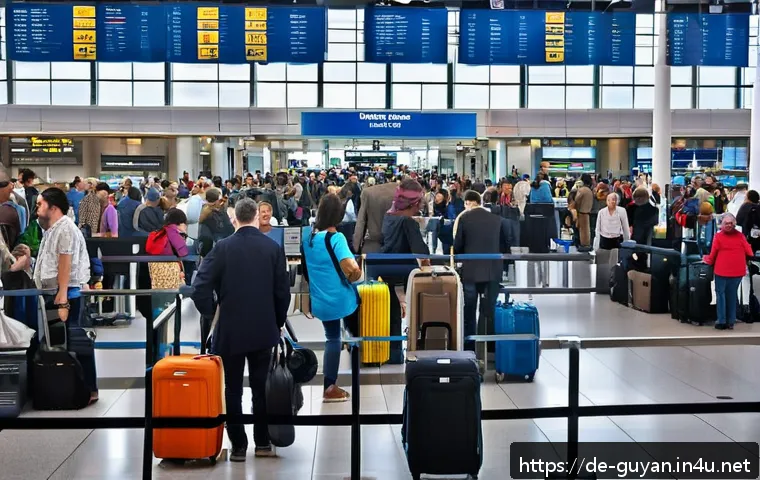 가이아나 가는 방법 - A bustling international airport terminal in a major European city like Frankfurt or Amsterdam, show...