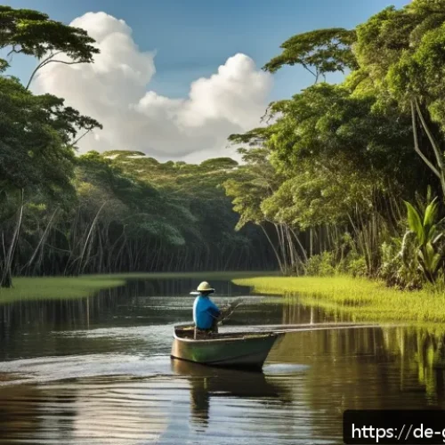 가이아나 낚시 여행 - A vibrant and detailed scene of an angler fishing in a secluded Amazon tributary in Guyana during ea...
