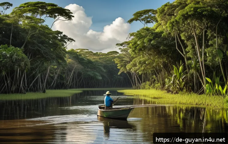 가이아나 낚시 여행 - A vibrant and detailed scene of an angler fishing in a secluded Amazon tributary in Guyana during ea...