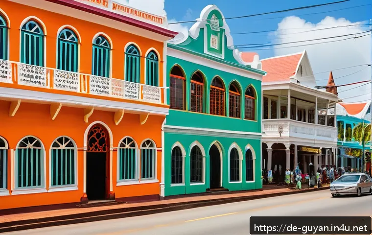 가이아나와 네덜란드 식민지 시절 - A vibrant street scene in Georgetown, Guyana, showcasing colonial Dutch architecture adapted to the ...