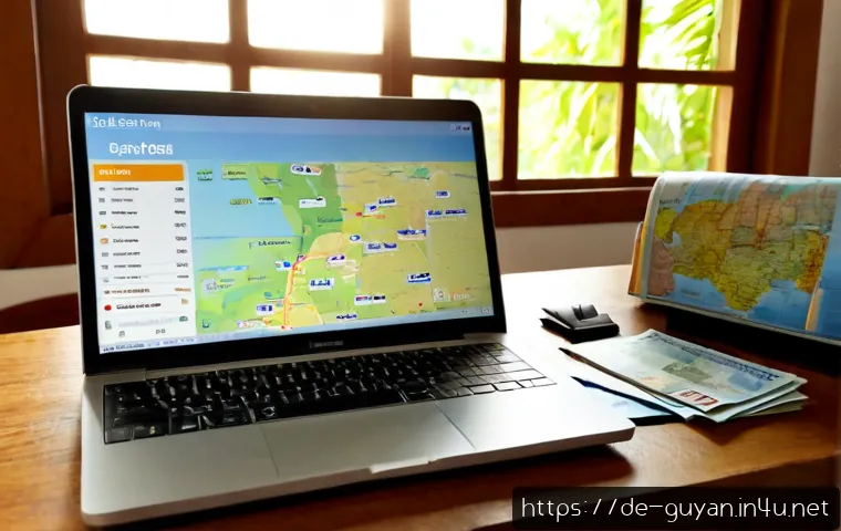 가이아나 저렴한 호텔 찾기 - Photorealistic travel planning scene for finding affordable hotels in Guyana, German traveler seated...
